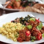 Tikka Masala Meatballs served with Curried Millet and Sauteed Rainbow Swiss Chard