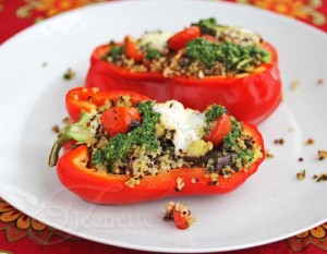 Stuffed Pepper with Quinoa, Grilled Vegetables, Caprese Salad and Pesto