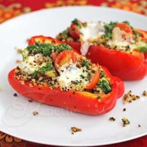 Stuffed Pepper with Quinoa, Grilled Vegetables, Caprese Salad and Pesto