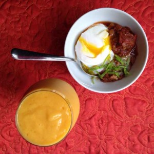 Poached Egg with Vegetarian Refried Beans and a Mango Smoothie