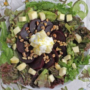 Roasted Beet, Apple, Walnut Salad with Honey Lemon Yogurt Dressing
