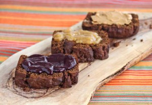 Gluten-Free Pumpkin Spice Banana Bread with Blueberry Sauce (in the front)