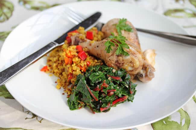 Lyon-Style Chicken with Vinegar Sauce served with Swiss Chard and Quinoa Pilaf