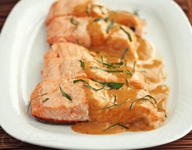 Salmon with Thai Coconut Curry Sauce - serve with Steamed Brown Rice and Stir-Fry Baby Bok Choy for a deliciously healthy meal