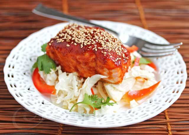 Spicy Red Chile Pepper Korean Salmon with Napa Cabbage Salad © Jeanette's Healthy Living