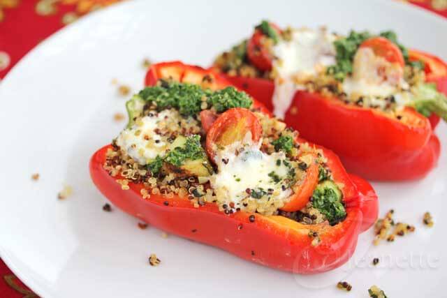 Stuffed Pepper with Quinoa, Grilled Vegetables, Caprese Salad and Pesto