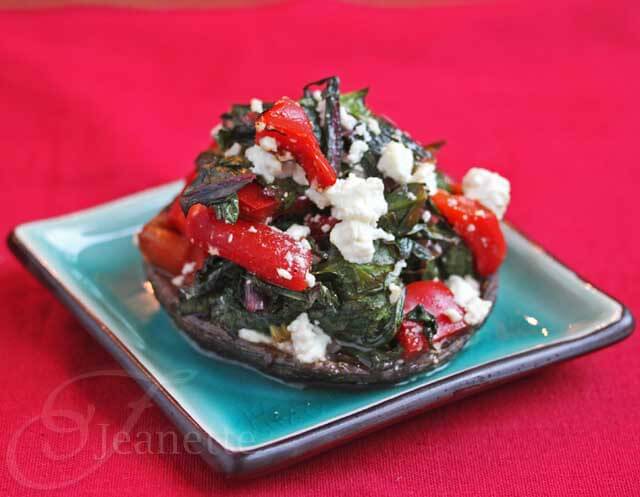Stuffed Portobello Mushroom with Swiss Chard, Roasted Peppers and Goat Cheese