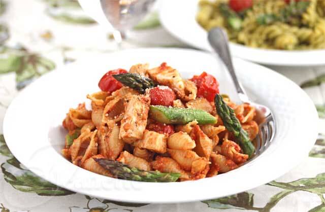 Pasta with Sundried Tomato Pesto, Chicken, Roasted Tomatoes and Asparagus
