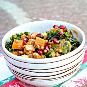 Garlic Roasted Butternut Squash and Kale Wheatberry Salad with Pomegranate