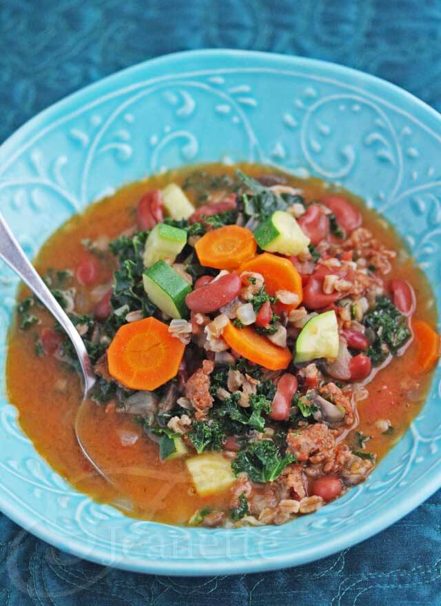 Chicken Chorizo Kale Bean Farro Soup - hearty, healthy soup for fall and winter