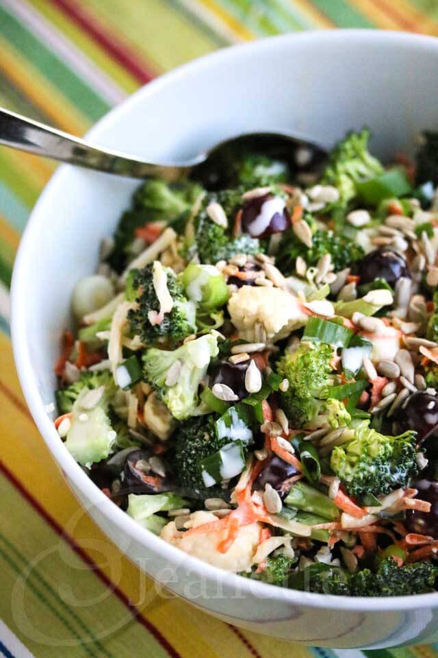 Broccoli Cauliflower Carrot Salad with Greek Yogurt Honey Dressing - you're going to love the light creamy dressing made with Greek yogurt - it's sweet and tangy