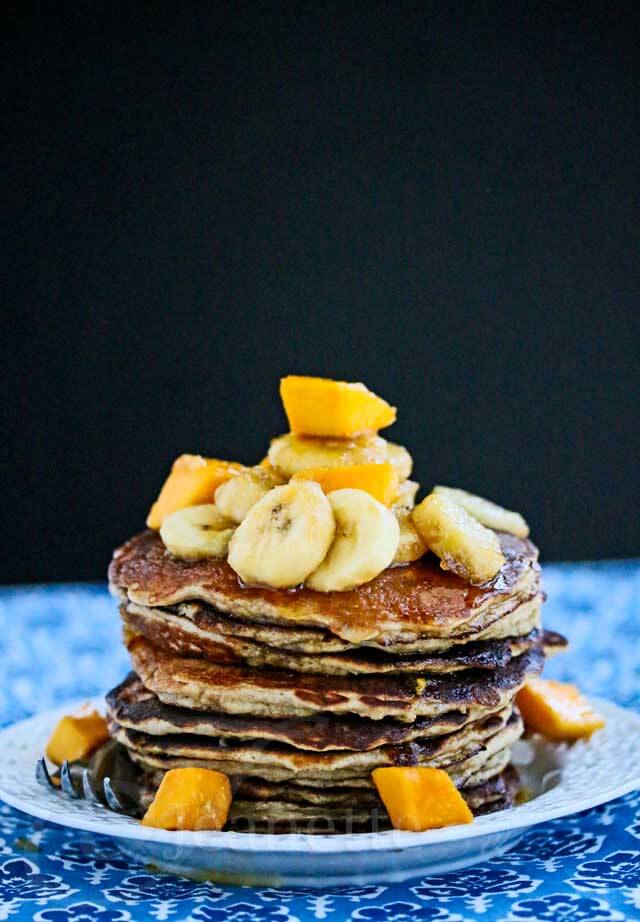 Oatmeal Almond Pancakes with Maple Mango Banana Topping
