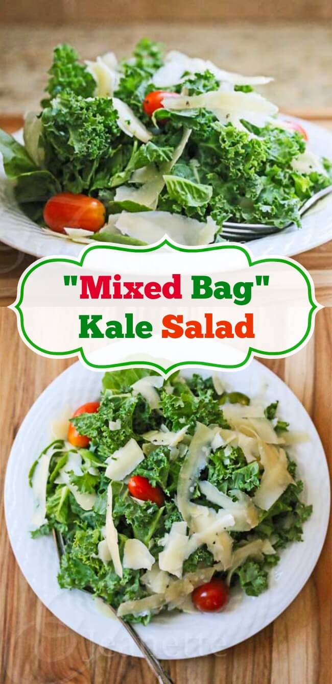 "Mixed Bag" Kale Salad Recipe - this kale salad is topped with shaved Gruyere or Parmesan cheese and tomatoes and served with a light lemon dressing that is delightly light and satisfying - Jeanette's Healthy Living