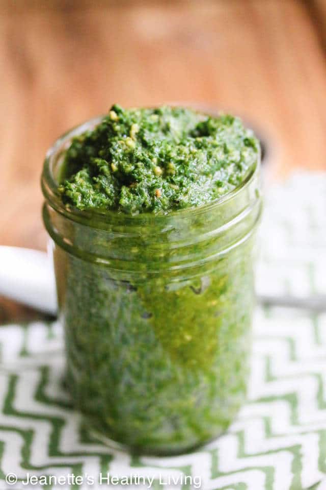 Kale Basil Hazelnut Pesto - healthy and delicious - toss with hot or cold pasta, serve with grilled vegetables, chicken, fish or meat; spread on baguette slices and top with fresh tomato