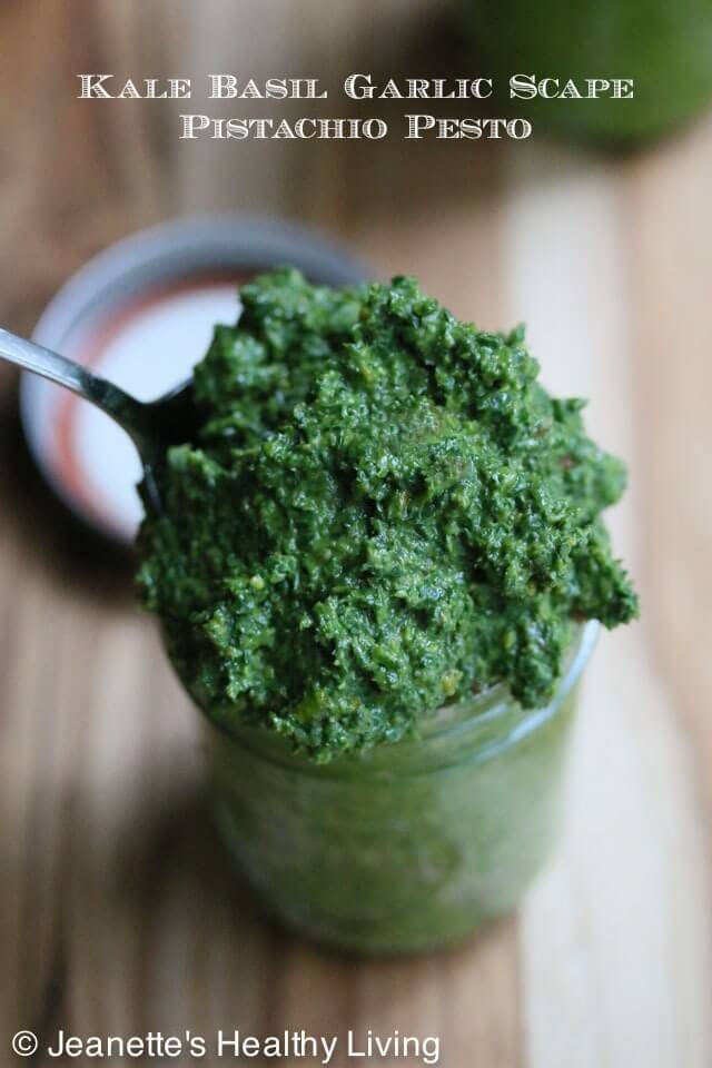 Kale Basil Pistachio Garlic Scape Pesto - delicious stirred into cold or hot pasta, spread on sandwiches, stirred into hummus, served with grilled chicken or fish