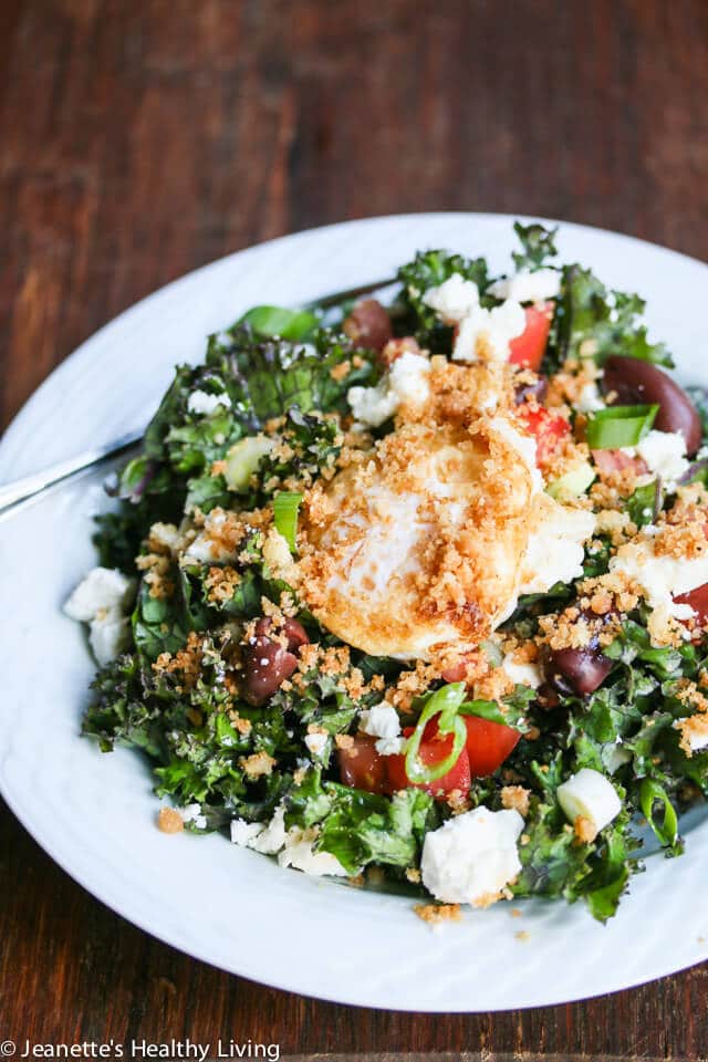 Kale Salad with Feta and Garlic Panko Crumbs and Poached Egg © Jeanette's Healthy Living