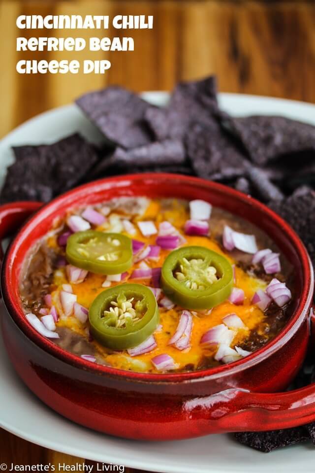 Perfect for Game Day! Cincinnati Chili Refried Bean Cheese Dip © Jeanette's Healthy Living