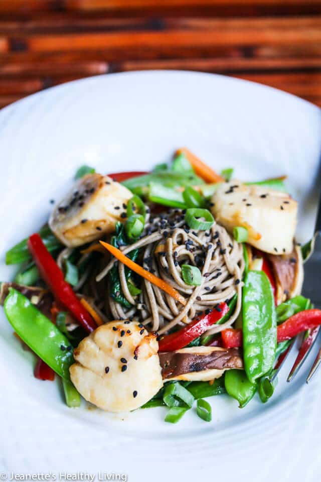 Miso Glazed Scallops with Stir Fry Vegetable Soba Noodles © Jeanette's Healthy Living