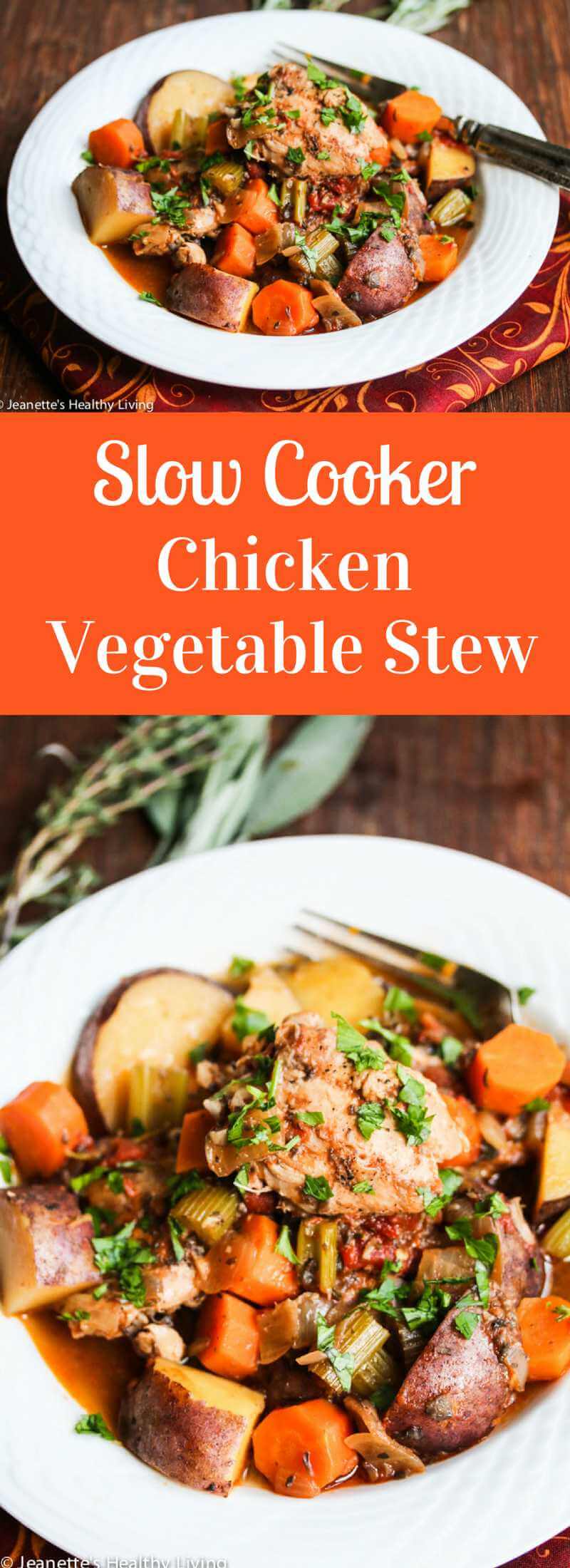 GSlow Cooker Chicken Vegetable Stew Recipe - learn what vegetables, herbs and spices go well in chicken stew, and how to make a healthy chicken stew ~ https://jeanetteshealthyliving.com