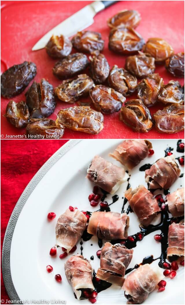 Prosciutto Wrapped Goat Stuffed Dates with Balsamic Vinegar Glaze - just four ingredients - super easy and delicious - perfect as a last minute appetizer idea!