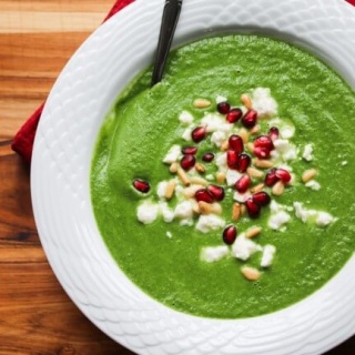 Creamy Spinach Soup with Feta and Pine Nuts (Low Carb) - this is a healthy, light soup that has a rich creamy taste