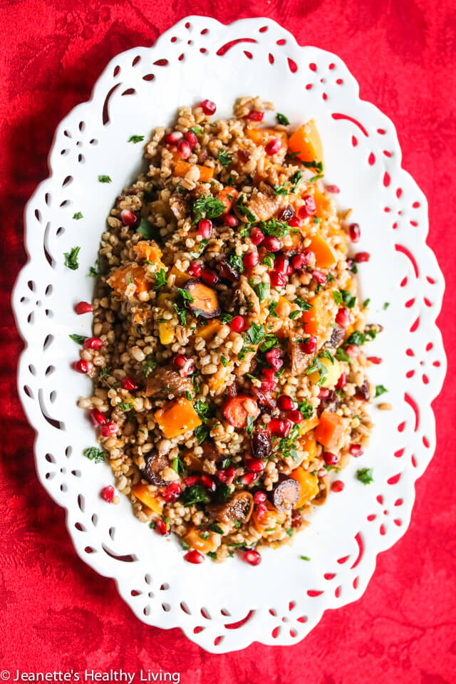 Roasted Butternut Squash Fig Pomegranate Whole Grain Salad  - this jewel toned salad is packed with goodness - barley, farro, quinoa, sorghum, roasted butternut squash and rainbow carrots, pomegranate seeds. A gorgeous Holiday salad!