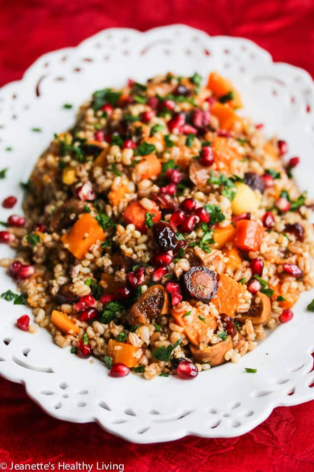 Roasted Butternut Squash Fig Pomegranate Whole Grain Salad - this jewel toned salad is packed with goodness - barley, farro, quinoa, sorghum, roasted butternut squash and rainbow carrots, pomegranate seeds. A gorgeous Holiday salad!