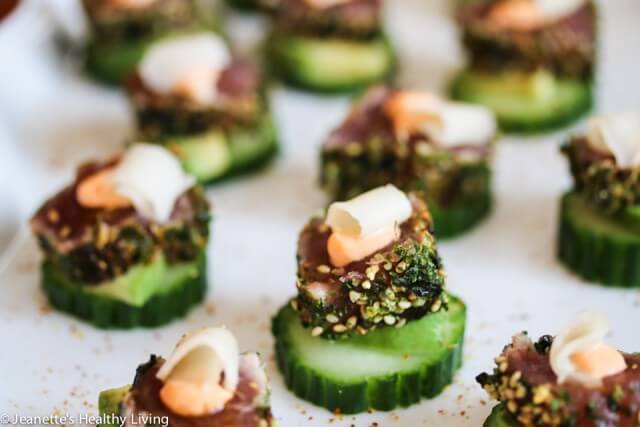 Spicy Ahi Tuna Cucumber Avocado Appetizers with Pickled Ginger - I made these for our holiday cocktail party and they were the biggest hit of the night!