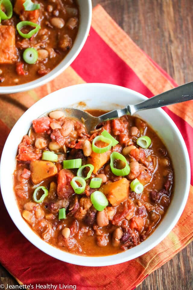 Three Bean Vegetarian Chili - hearty and delicious with butternut squash, this chili will warm your belly
