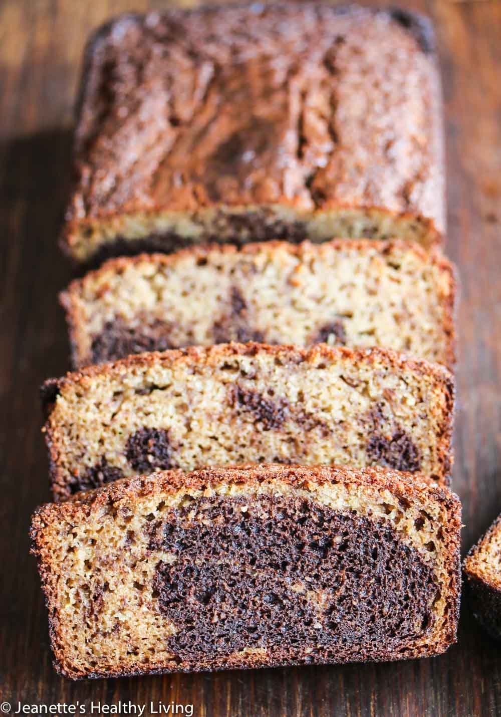 Gluten Free Marbled Chocolate Banana Quick Bread - made with oat flour and almond flour, this quick bread is healthy and delicious!