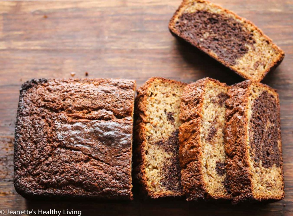 Gluten Free Marbled Banana Chocolate Quick Bread - made with oat flour and almond flour, this quick bread is healthy and delicious!
