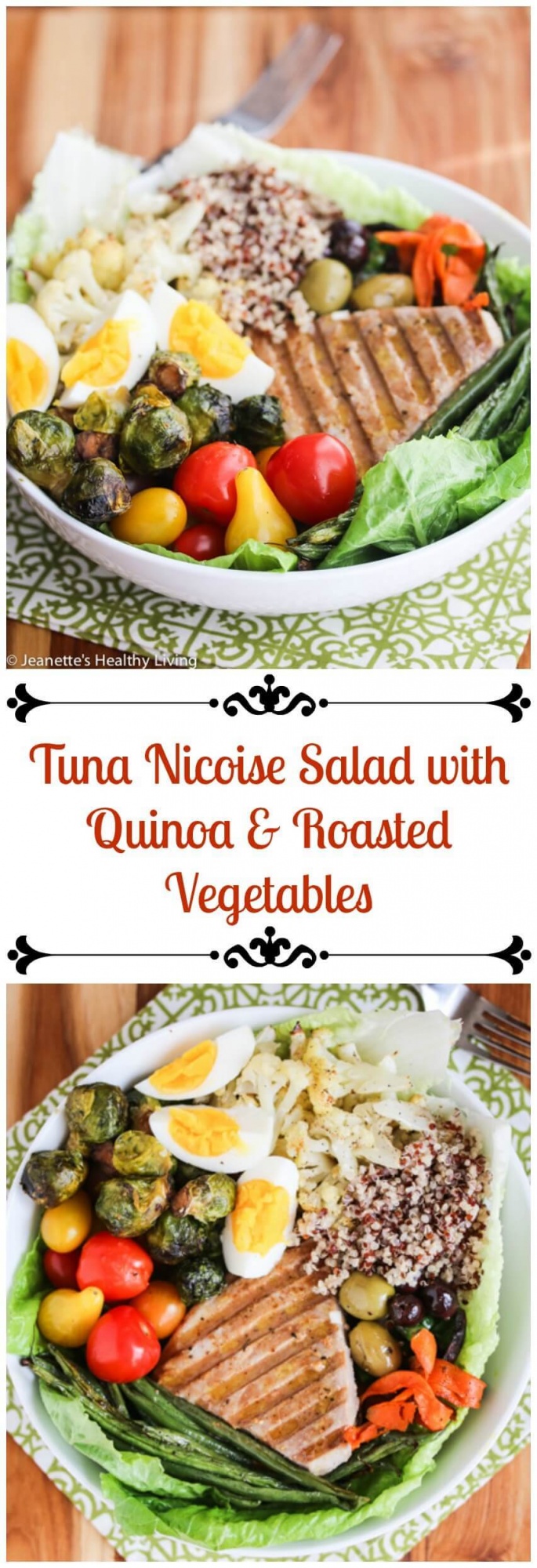 Winter Tuna Nicoise Salad with Quinoa and Roasted Vegetables - This one bowl meal is packed with protein and a rainbow of vegetables, served with a simple lemon vinaigrette