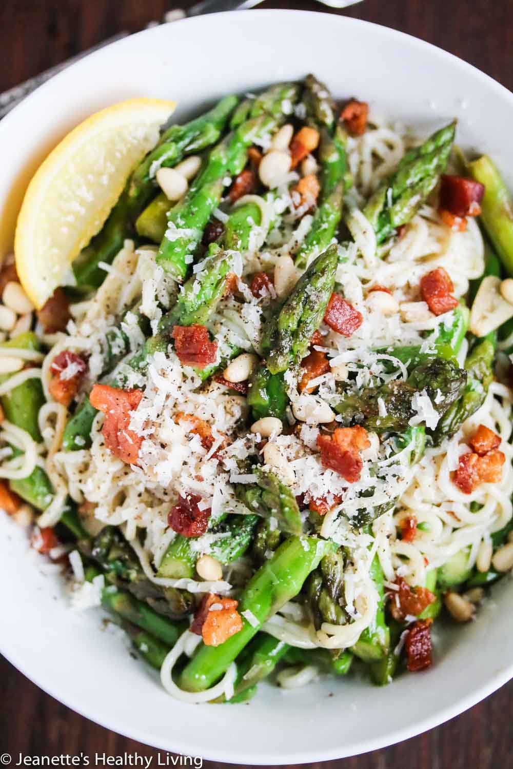Pasta with Asparagus Pancetta and Pine Nuts - this gluten-free, low-carb pasta dish takes just 15 minutes to make - so simple and delicious!