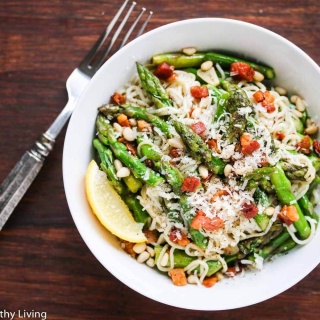 Gluten-Free Low Carb Pasta with Asparagus Pancetta and Pine Nuts - this takes just 15 minutes to make - so simple and delicious!