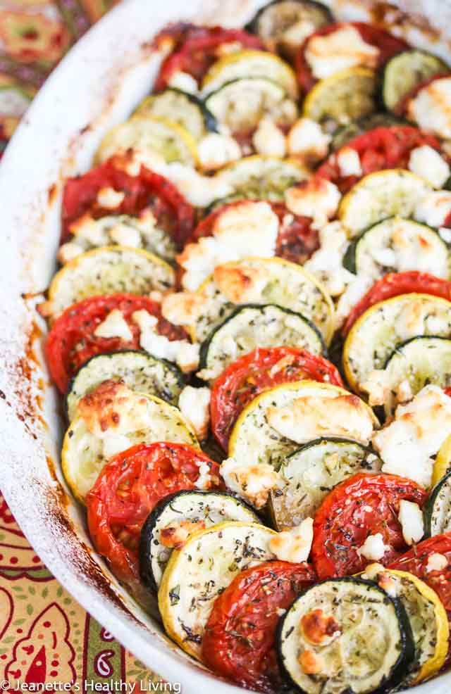 Baked Zucchini Tomato Summer Squash Goat Cheese Casserole - this elegant summer gratin is perfect for potlucks and entertaining