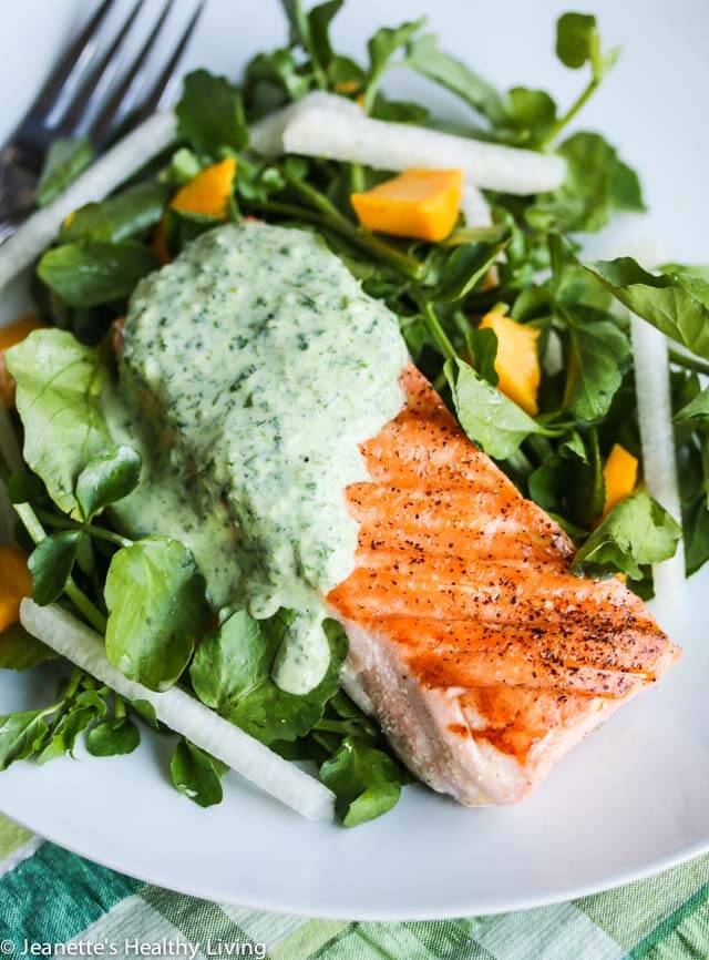 Grilled Salmon with Herb Yogurt Sauce - this deliciously light and healthy meal is perfect for celebrating Spring