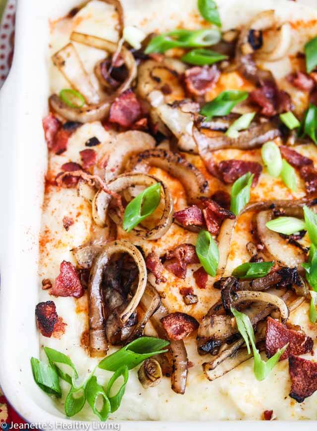 Loaded Mashed Cauliflower Casserole {Low Carb} - this is a low carb version of a loaded baked potato - bacon, scallions, and caramelized onions take this over the top