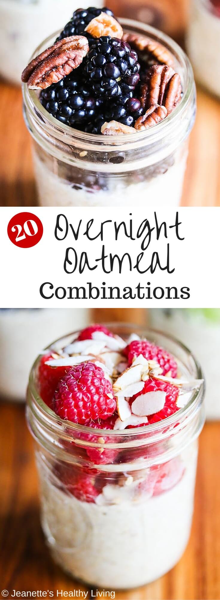 Twenty Healthy Overnight Oatmeal Recipes - these no-cook oatmeal in mason jars are a quick, healthy grab-and-go breakfast. Make a batch for the week and use any of these 20 recipe combinations. Nutrition facts included in this post.