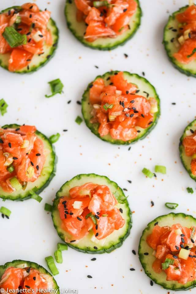 Asian Salmon Cucumber Appetizers - these are so easy to make and perfect for entertaining - only 5 ingredients https://jeanetteshealthyliving.com