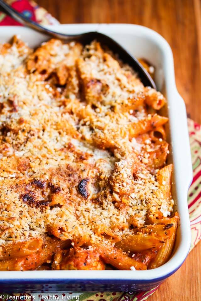Chicken Pasta Casserole with Parmesan Breadcrumb Topping - chunks of chicken, oregano, fresh basil and a Parmesan breadcrumb topping make this easy pasta dish standout from the crowd