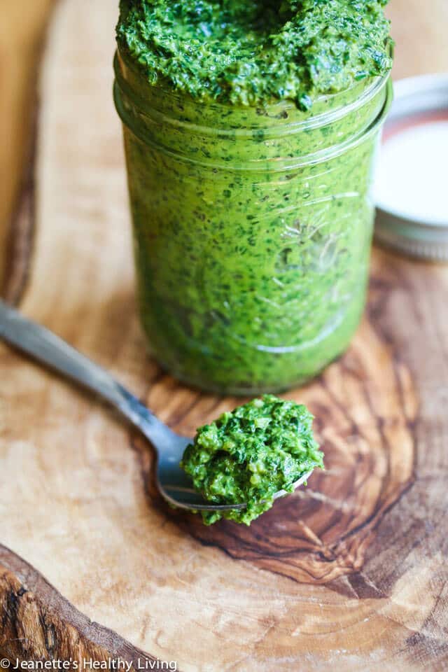 Kale Mint Basil Pesto - a summer pesto that's healthy and delicious ~ toss with pasta (hot or cold), add a few spoonfuls to potato salad, or use it on sandwiches and pizza