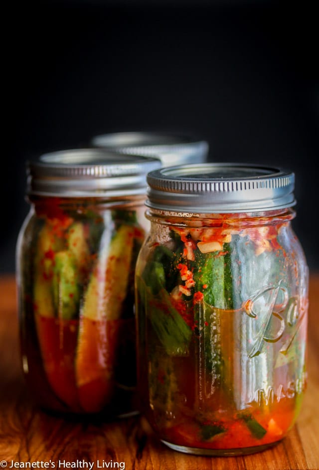 Spicy Korean Cucumber Kimchi Refrigerator Pickles - spicy and a little sour, these pickles are easy to make - I leave them out on the counter to ferment for one day, then refrigerate them