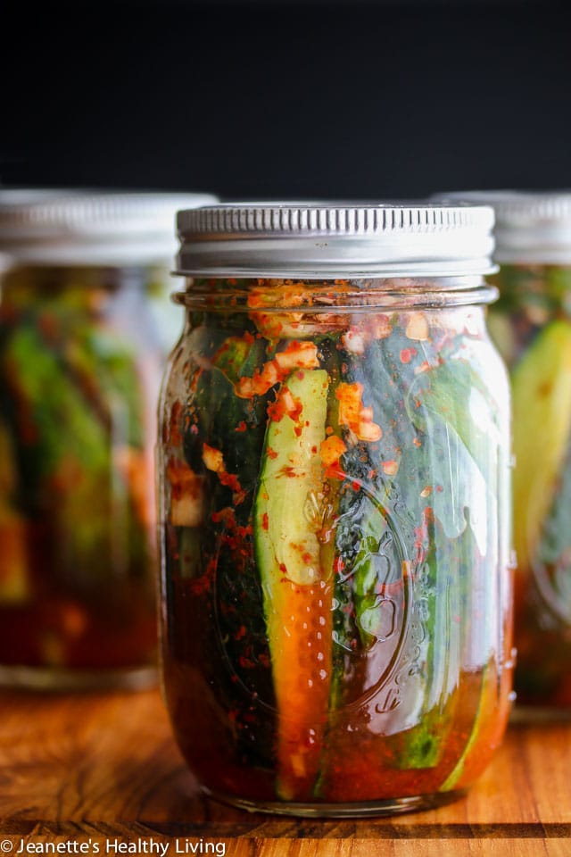 Spicy Korean Cucumber Kimchi Refrigerator Pickles - spicy and a little sour, these pickles are easy to make - I leave them out on the counter to ferment for one day, then refrigerate them