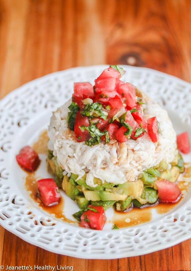 Crabmeat Avocado Tomato Basil Appetizer with Wasabi Soy Dressing - Impress your guests with this beautiful presentation. It's easier than it looks. The wasabi soy dressing spices things up a bit. Serve as an individual appetizer or as a more casual appetizer with tortilla chips