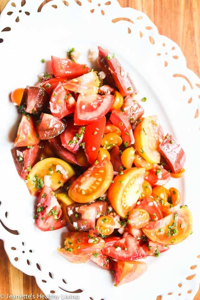 Summer Tomato Salad with Sherry Vinegar Shallot Dressing - this simple tomato salad features heirloom tomatoes at their peak ~ https://jeanetteshealthyliving.com