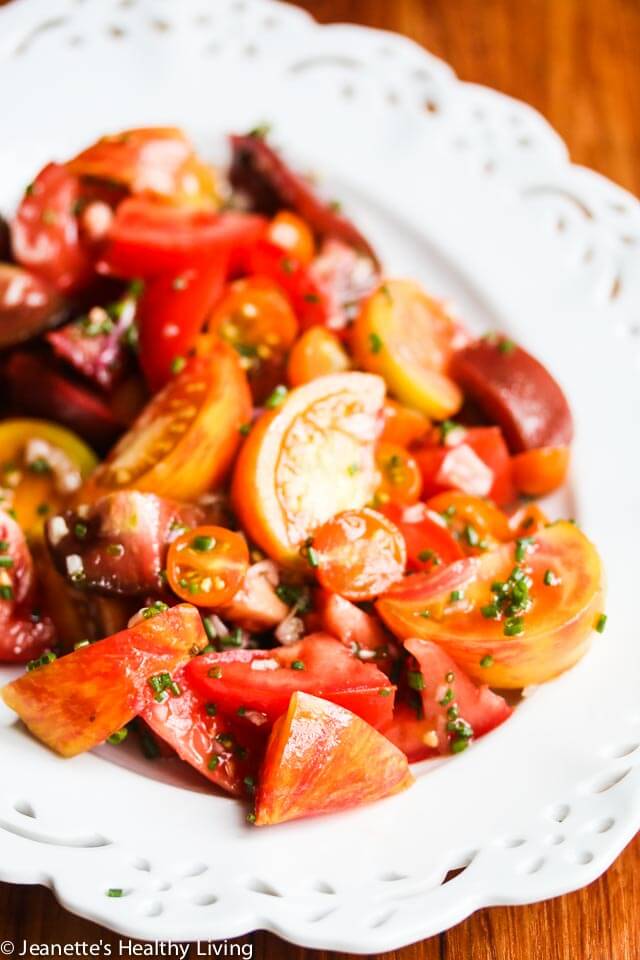 Summer Tomato Salad with Sherry Vinegar Shallot Dressing - this simple tomato salad features heirloom tomatoes at their peak ~ https://jeanetteshealthyliving.com