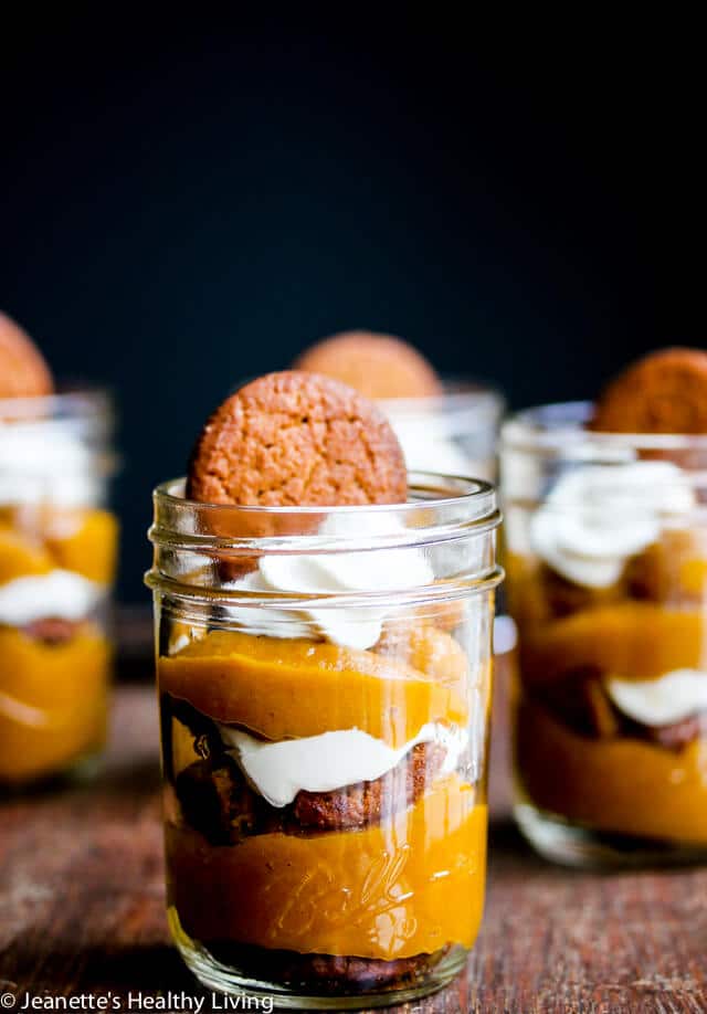Light Pumpkin Pie Gingersnap Parfait Recipe - this easy to assemble pumpkin pie is served in individual jars, making this perfect for a snack or fun dessert