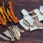 Healthy Homemade Dehydrated Dog Treats- turkey, sweet potatoes, carrots and celery from making turkey stock are pureed and then dehydrated; banana slices and sweet potato slices are also dehydrated