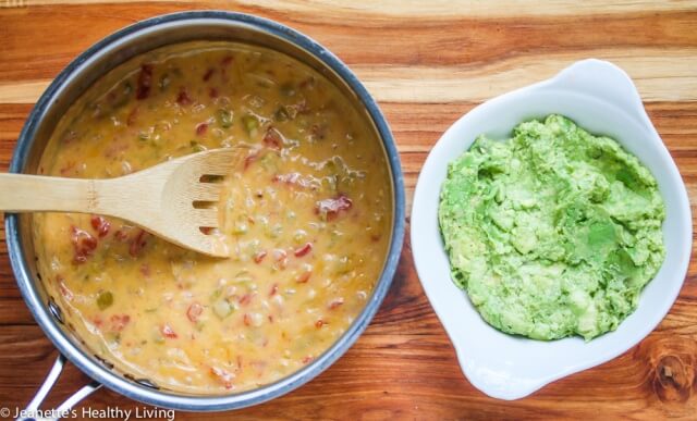 Skinny Queso Cheese Guacamole Dip - no guilt with this lightened up double layer dip, perfect for gameday