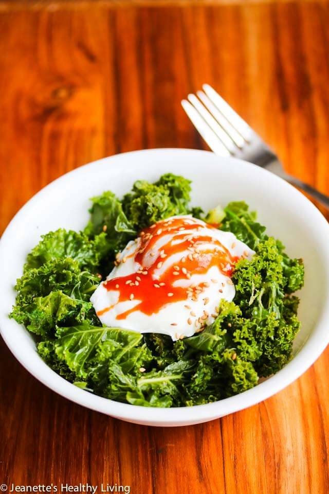 Steamed Kale and Poached Egg with Sriracha Sauce - this simple breakfast is healthy, low carb, gluten free, dairy free and vegetarian. This can be enjoyed as part of the Daniel Plan meal plan.